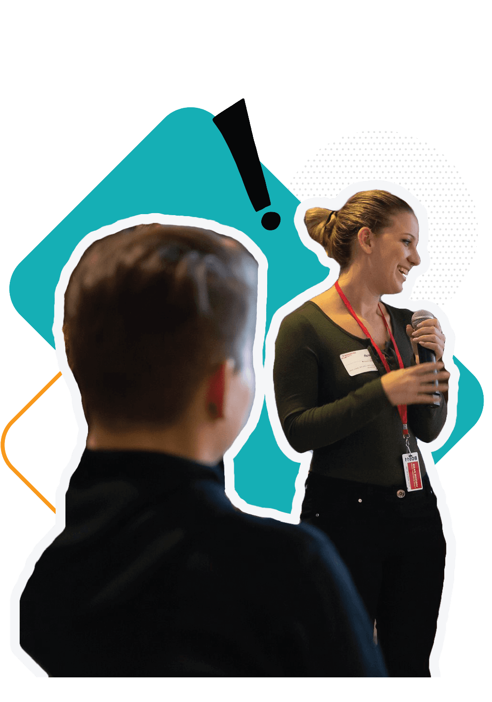 woman with microphone presenting at conference