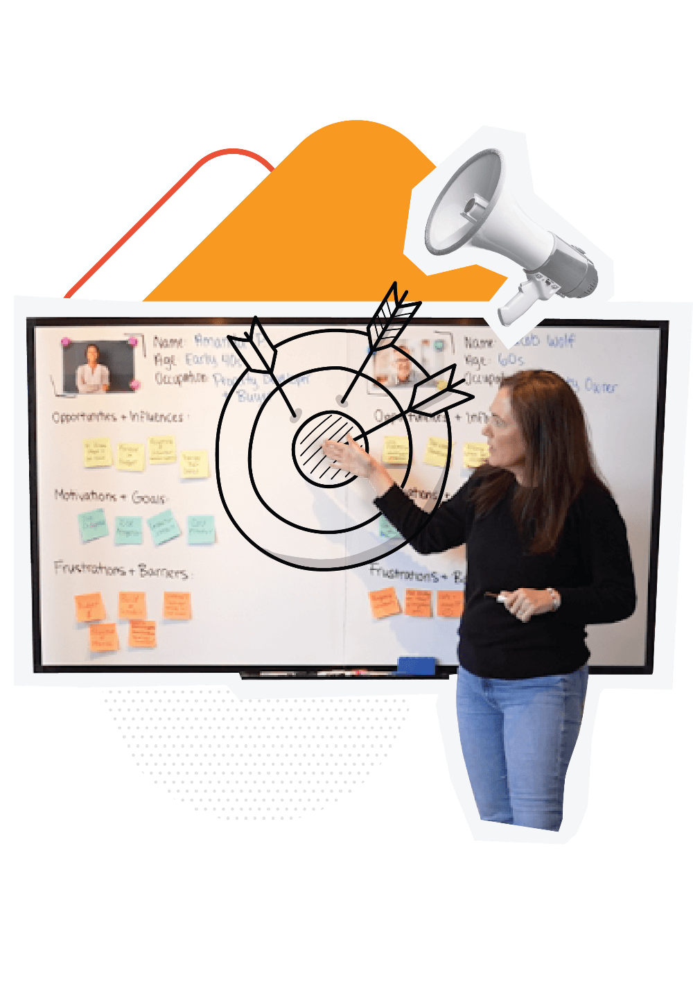 woman gesturing to whiteboard with target on it