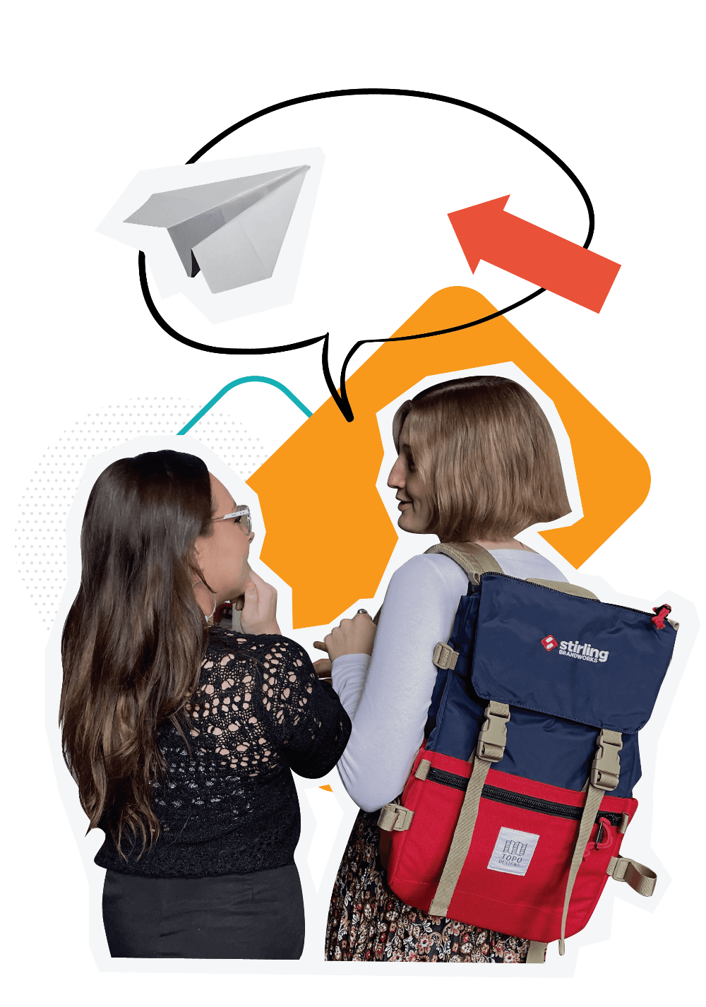 two employees talking and laughing with a branded backpack