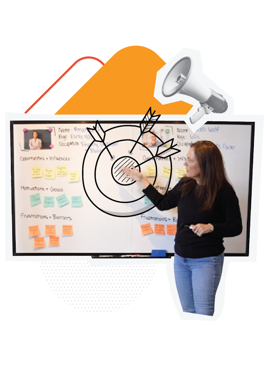 woman gesturing to whiteboard with target on it